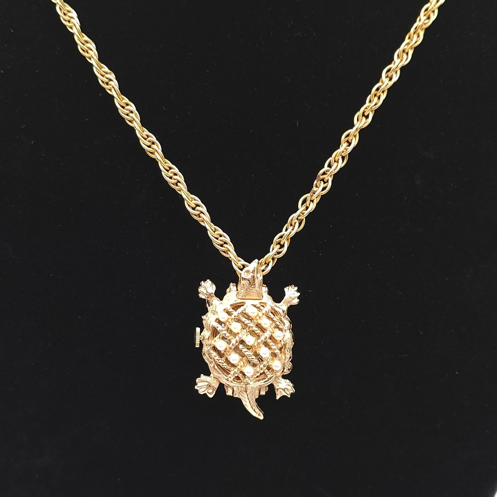 Vtg Turtle Watch Pendant Necklace 23" Endura Swiss Locket Brooch Gold Tone Pin